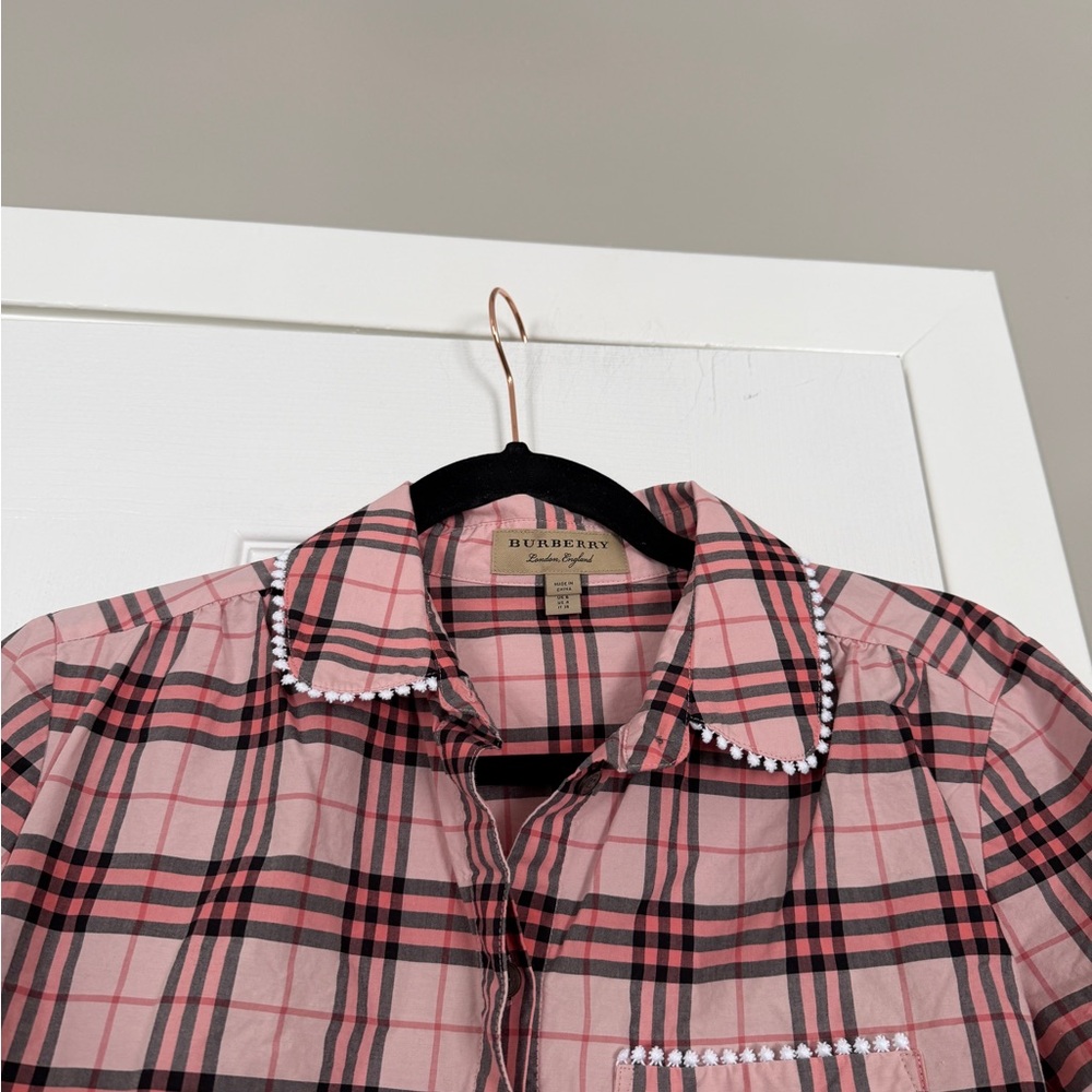 Burberry Pink Plaid Lace Trim Button Down Shirt Business Office - Picture 6 of 11
